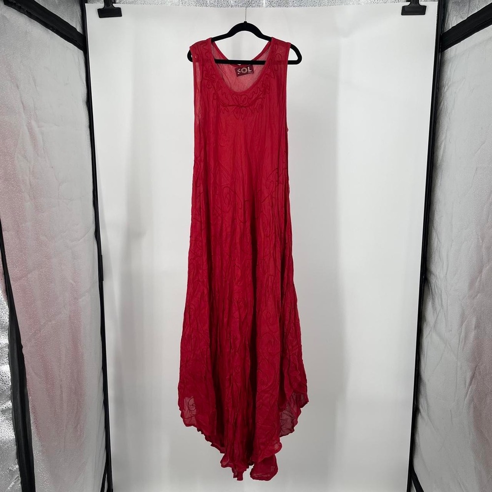 Vintage Boho Maxi Sun Dress Asymmetrical Floral Embroidered Large Fairy Hippie